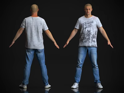 Man In Graphic Print T Shirt Blue Jeans Front And Back Views With Arms Outstretched 3d model