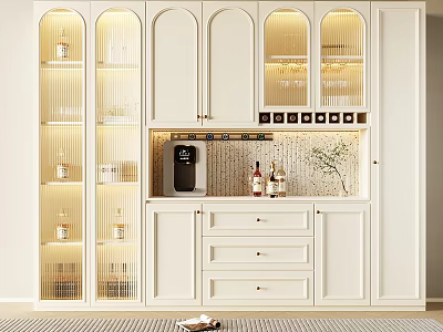 Elegant Modern Wine Cabinet With White Arched Glass Doors LED Lighting And Wine Bottles 3d model