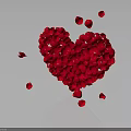 Red Rose Petals Shaped Into Heart With Scattered Petals On Gray Background And Reflection