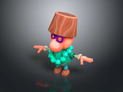 Cartoon Game Movie Character With Wooden Stump Head Purple Glasses Pink Nose Green Beads 3d model