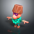 Cartoon Game Movie Character With Wooden Stump Head Purple Glasses Pink Nose Green Beads