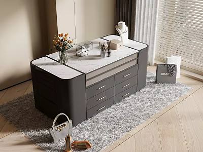 Modern Vanity Table With Marble Top Drawers Vase Cosmetics Handbag And Shoes On Rug 3d model