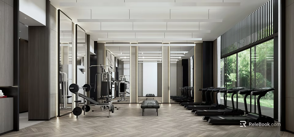 Modern Fitness Gym With Treadmills Weight Equipment And Mirrored Walls Spacious Layout For Workout Sessions 3d model 