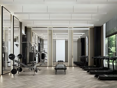 Modern Fitness Gym With Treadmills Weight Equipment And Mirrored Walls Spacious Layout For Workout Sessions 3d model