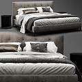 Modern Double Bed Setup With Upholstered Headboard White Brown Plaid Pillows And Layered Bedding