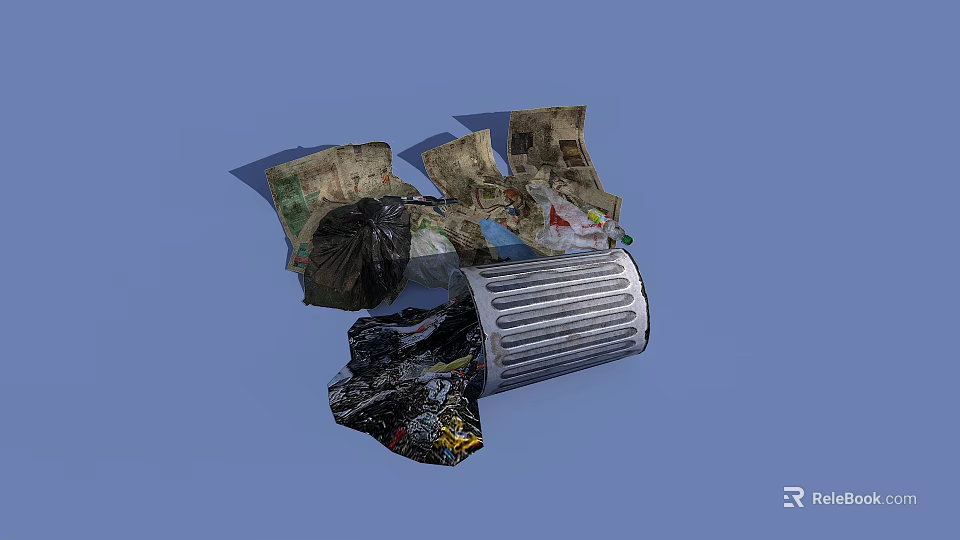 Public Trash Can Facility With Scattered Garbage Including Plastic Bags And Papers 3d model 