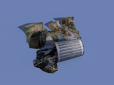 Public Trash Can Facility With Scattered Garbage Including Plastic Bags And Papers 3d model