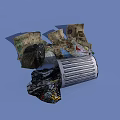 Public Trash Can Facility With Scattered Garbage Including Plastic Bags And Papers