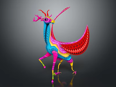 Colorful Artistic Mythical Animal Featuring Decorative Antlers Vibrant Wings And Intricate Patterns 3d model