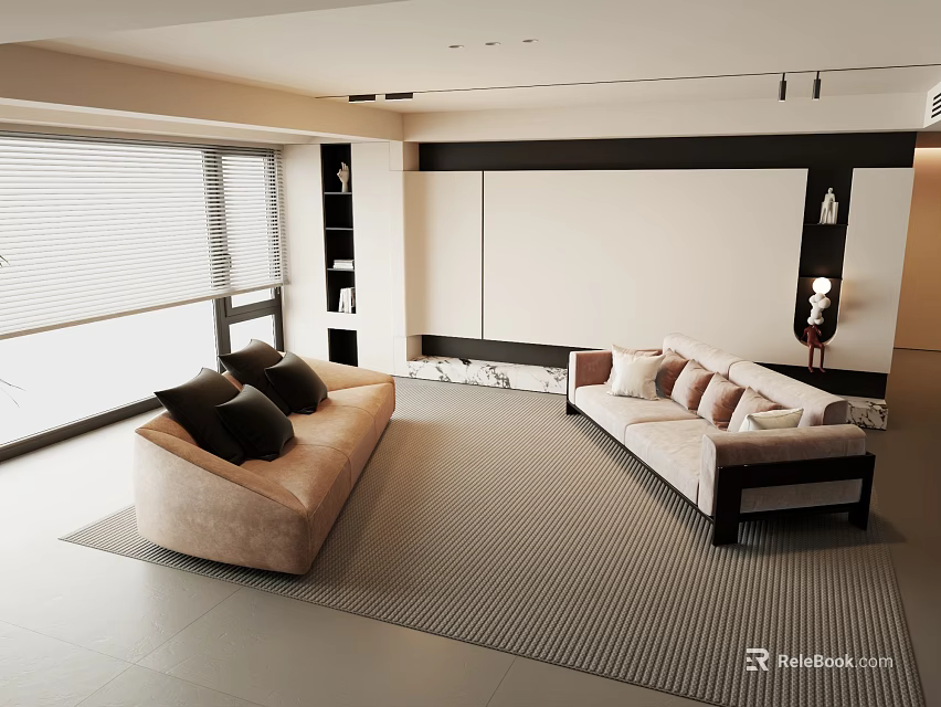 Modern Living Room Interior With Sectional Sofa Decorative Pillows Large Windows Gray Rug 3d model 