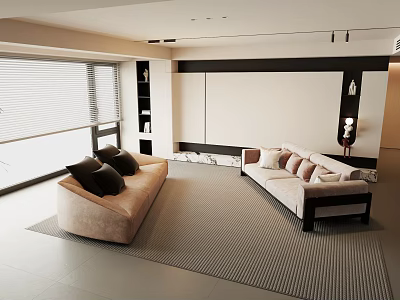 Modern Living Room Interior With Sectional Sofa Decorative Pillows Large Windows Gray Rug 3d model
