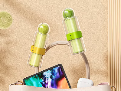 Transparent Cylindrical Cosmetic Products With Green Yellow Labels Tablet And Headphones In Bag 3d model
