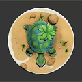 Green Turtle With Blue Shell On Sandy Ground Near Palm Tree Small Stones And Grass