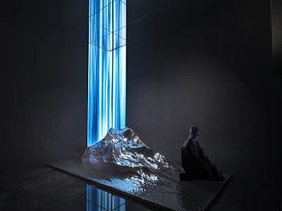 Blue Light Installation With Mountain Shaped Sculpture And Seated Person In Dark Space 3d model