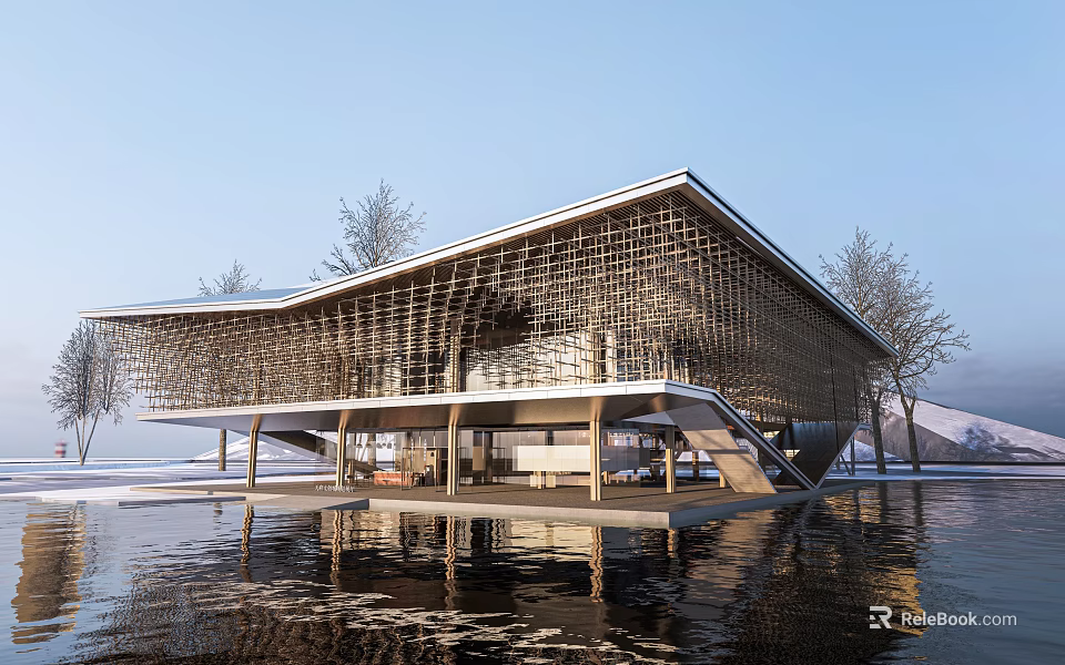 Modern Hotel Building With Unique Roof Structure Over Water And Surrounding Trees 3d model 