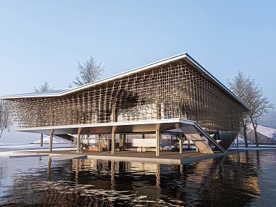 Modern Hotel Building With Unique Roof Structure Over Water And Surrounding Trees 3d model