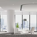 Modern Open Office Interior Design With Large Windows City View White Furniture And Green Plants