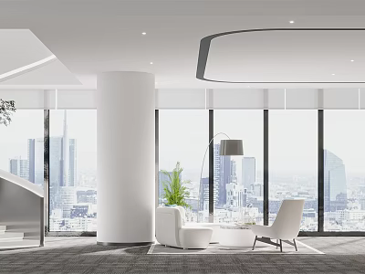 Modern Open Office Interior Design With Large Windows City View White Furniture And Green Plants 3d model