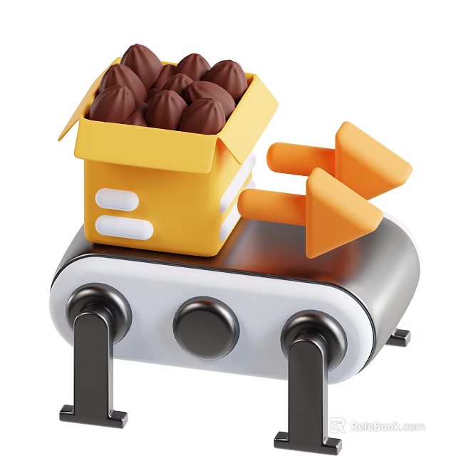 Commercial Conveyor Equipment With Orange Arrows For Chocolate In Yellow Box And Metal Structure 3d model 