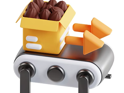 Commercial Conveyor Equipment With Orange Arrows For Chocolate In Yellow Box And Metal Structure 3d model