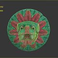 Animal Mask With Fierce Facial Features In Green And Red Circular Design Petal Surroundings