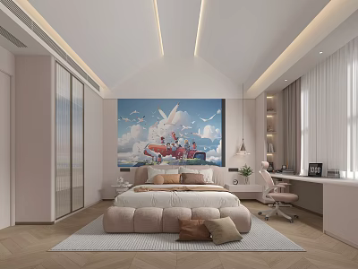 Bright Children's Room With Sky Airplane Mural Cozy Bed Study Desk Chair And Soft Rug 3d model