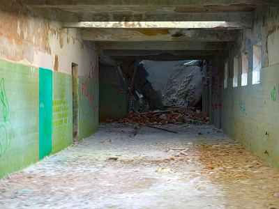 Abandoned Corridor With Peeling Paint Graffiti And Debris On Floor 3d model