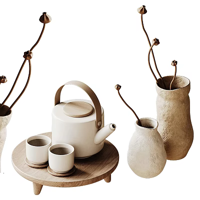 Minimalist Natural Tea Set With White Teapot Two Teacups Wooden Tray And Ceramic Vases 3d model