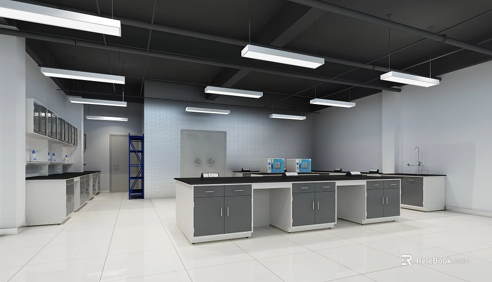 Modern Spacious Laboratory Interior With Lab Benches Storage Cabinets And Bright Lighting 3d model 