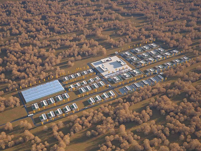 Aerial View Planning of Neatly Arranged Buildings with Surrounding Trees and Facility Layout 3d model
