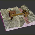 3D Model of Mountainous Terrain With Blue River And Orange Mechanical Structure