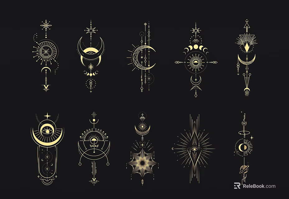 Golden Mystical Symbols Moon Sun Geometric Patterns Wall Decor on Black Background 3d model 