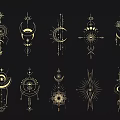 Golden Mystical Symbols Moon Sun Geometric Patterns Wall Decor on Black Background