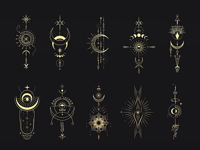 Golden Mystical Symbols Moon Sun Geometric Patterns Wall Decor on Black Background 3d model