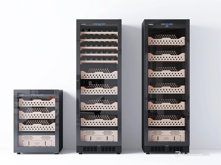 Three Different Sizes Modern Wine Coolers With Transparent Glass Doors And Internal Wine Racks 3d model 