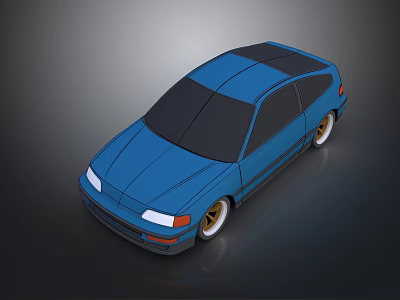 Blue Hatchback Car With Black Roof White Headlights And Gold Wheels 3d model