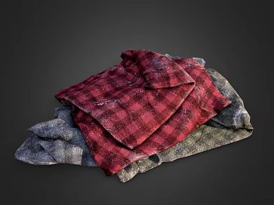 Vintage Red Gray Green Plaid Fabric Pieces Folded Textured Rustic Stack 3d model