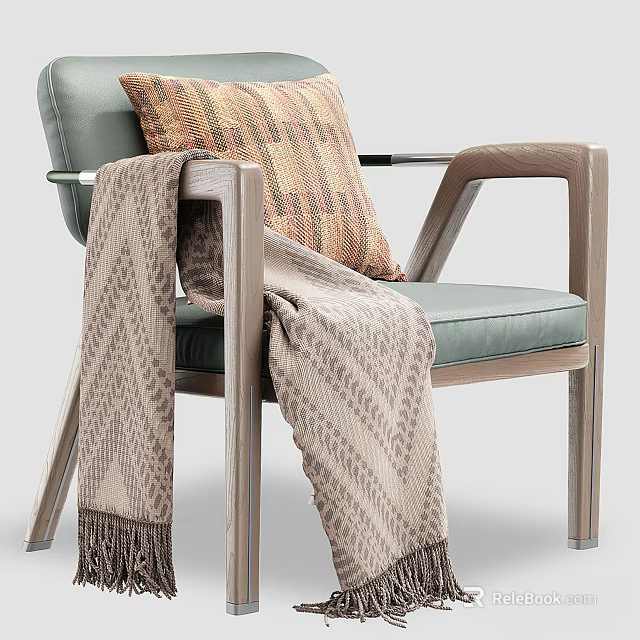 Stylish Single Sofa With Patterned Pillow Soft Knit Blanket Wooden Armrests And Light Blue Upholstery 3d model 