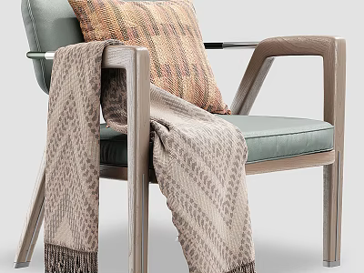 Stylish Single Sofa With Patterned Pillow Soft Knit Blanket Wooden Armrests And Light Blue Upholstery 3d model