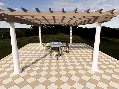 Outdoor Patio With Wooden Pergola Checkerboard Floor Round Table And Chairs 3d model