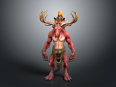Mythical Fantasy Creature Character With Red Skin Muscular Body Antlers Flame Decor And Beast Legs 3d model
