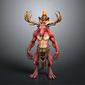 Mythical Fantasy Creature Character With Red Skin Muscular Body Antlers Flame Decor And Beast Legs