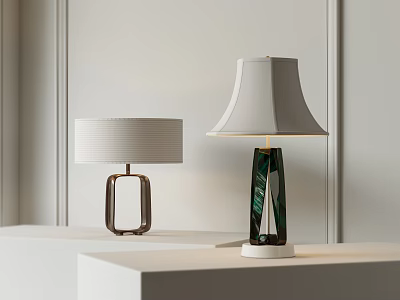 Modern Table Lamps Design with Metal and Green Glass Bases and Woven White Fabric Shades 3d model