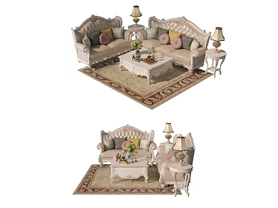 Elegant Classic Sofa and Coffee Table Set with Decorative Pillows Side Tables and Area Rug 3d model