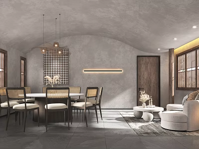 Modern Private Box Interior With Dining Table Sofa Pendant Lights And Textured Wall 3d model
