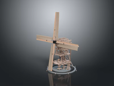 Handmade Wooden Windmill Model Craft Featuring Detailed Structure And Base Stand 3d model