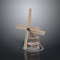 Handmade Wooden Windmill Model Craft Featuring Detailed Structure And Base Stand