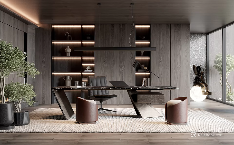 Modern Study Room Interior With Dark Wooden Bookshelves Desk Leather Chair And Green Plant 3d model 