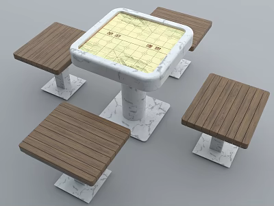 Wooden Stool And Marble Like Table Furniture Set For Home Use 3d model