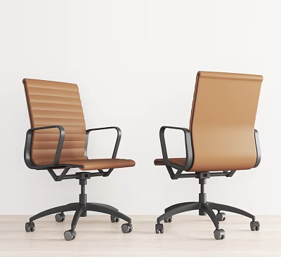 Brown Leather Office Chair With Striped Backrest Black Armrests And Modern Wheeled Base 3d model